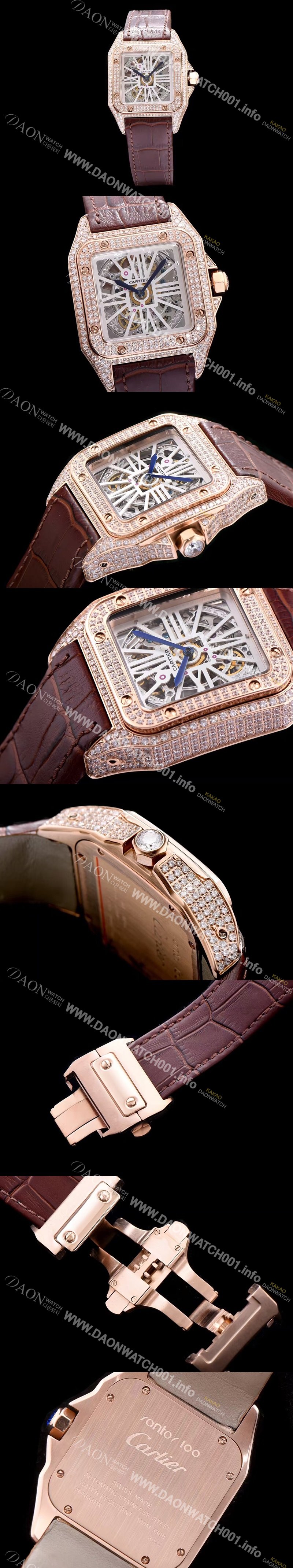 미러급 까르띠에 남성용 신상출시!!산토스 뒤몽 컬렉션 HPI00587 18k 로즈골드 다이아몬드 셋팅 스켈레톤 다이얼 오토매틱 무브먼트 CAR0115 Ⅳ