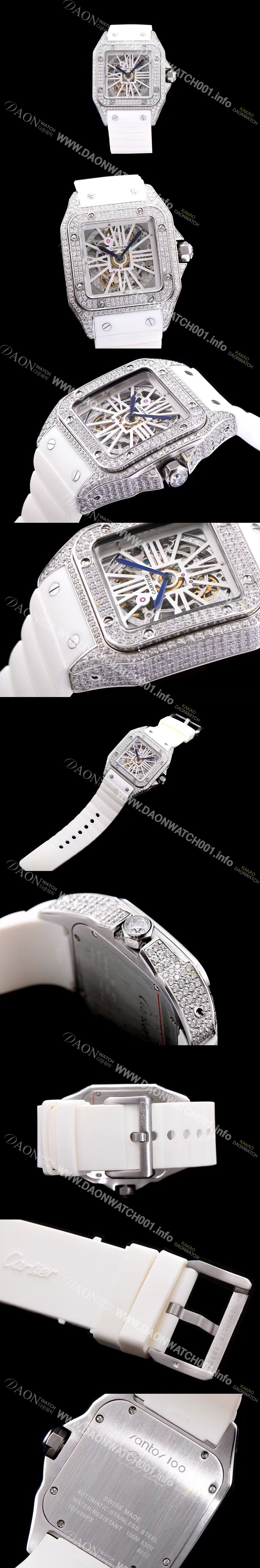 미러급 까르띠에 남성용 신상출시!!산토스 뒤몽 컬렉션 18k 화이트 골드 다이아몬드 셋팅 스켈레톤 다이얼 오토매틱 무브먼트 CAR0110 Ⅳ