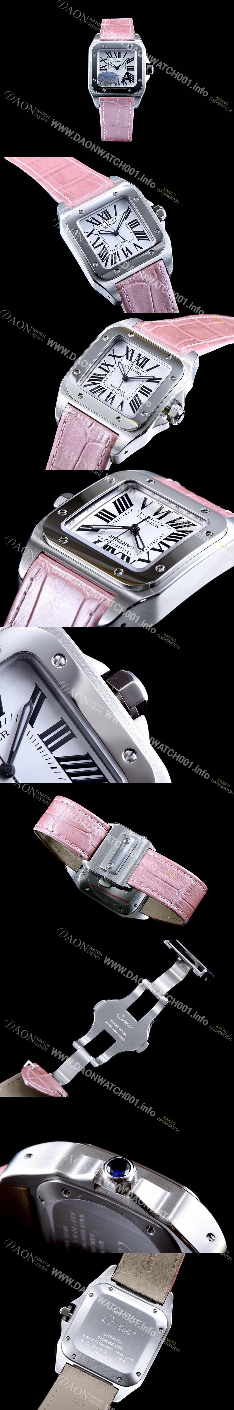 미러급 까르띠에 남여공용 산토스100 W20126X8 커플용 워치 화이트 다이얼 핑크 레더 스트랩 오토매틱 무브먼트 CAR0333 Ⅳ