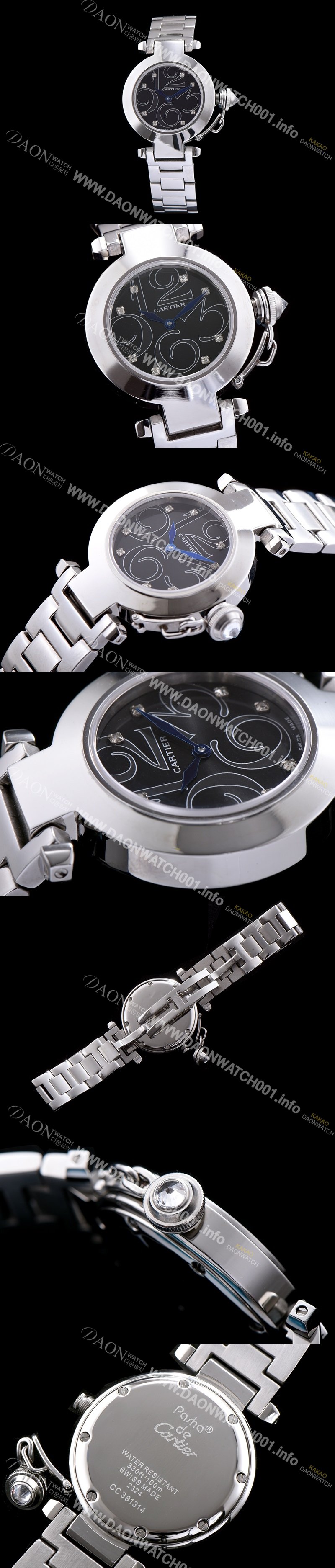 미러급 까르띠에 남성용 파샤 블랙다이얼 스위스 쿼츠 무브먼트 CAR0504 Ⅳ