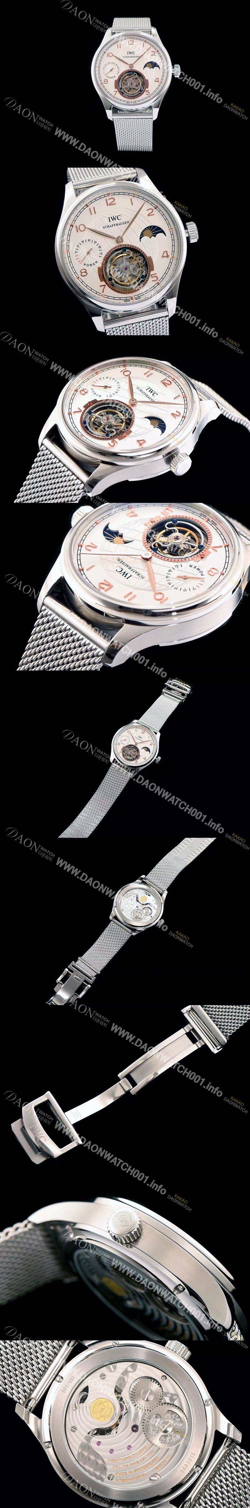 미러급 아이더블유씨 남성용 포르투기즈 투어빌론 문페이즈 파워리져브 로즈골드 인덱스 화이트 다이얼 스틸 메쉬 브레이슬릿 IWC0211 Ⅳ