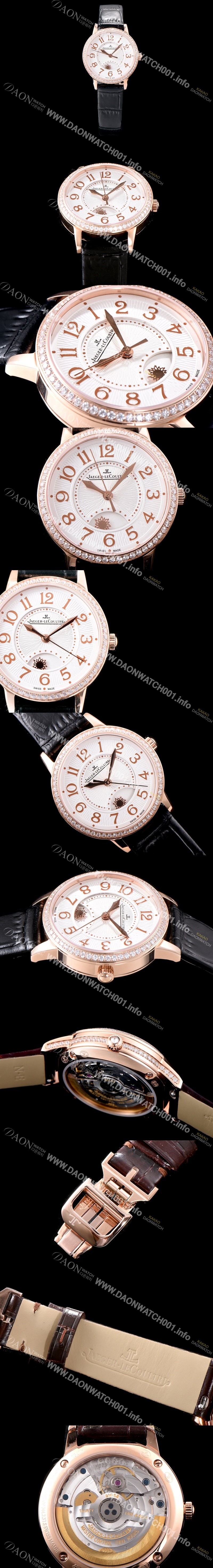 미러급 예거르꿀르뜨 남성용 랑데부 나잇&데이 3442440 레이디 워치 18K 로즈골드 최상급 다이아몬드 세팅 베젤 문페이즈 화이트 텍스쳐드 다이얼 오토매틱 무브먼트 JAG0440 Ⅳ