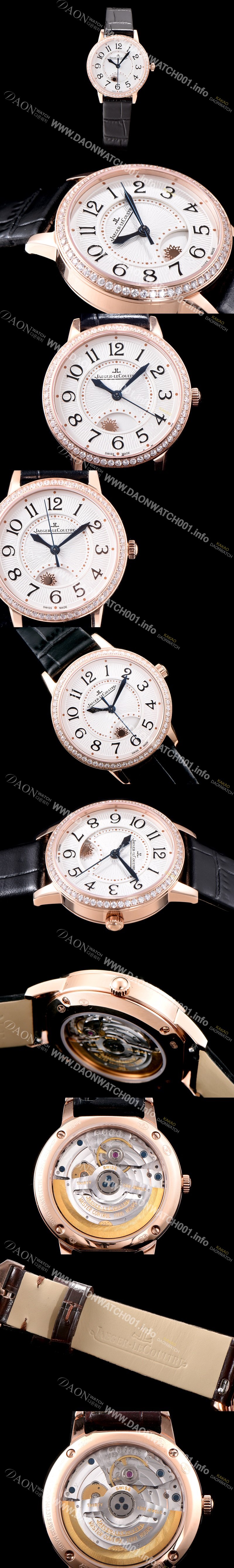 미러급 예거르꿀르뜨 남성용 랑데부 나잇&데이 Q3442520 레이디 워치 18K 로즈골드 최상급 다이아몬드 세팅 베젤 문페이즈 화이트 텍스쳐드 다이얼 오토매틱 무브먼트 JAG0440 Ⅳ