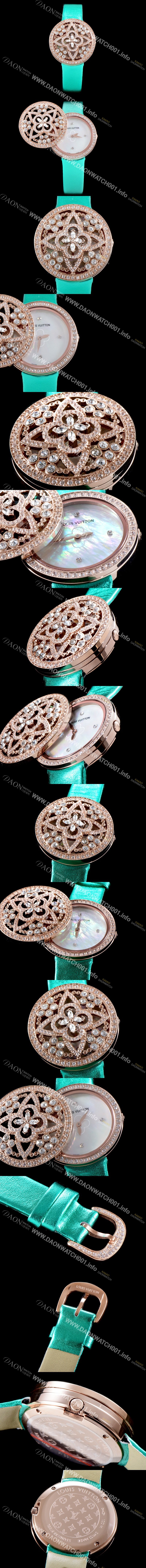 미러급 루이비통 남성용 탕부르 컬렉션 Q151D0 비주 시크릿!! 최상급 퀄리티의 쥬얼셋팅 케이스 핑크 마더 오브 펄 다이얼 스위스 쿼츠 무브먼트 LOU4200 Ⅳ