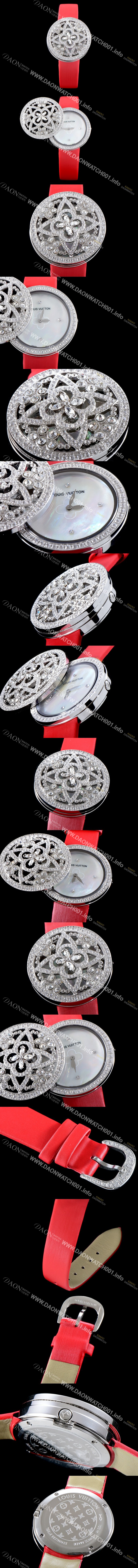 미러급 루이비통 남성용 탕부르 컬렉션 Q151D0 비주 시크릿!! 최상급 퀄리티의 쥬얼셋팅 케이스 핑크 마더 오브 펄 다이얼 스위스 쿼츠 무브먼트 LOU4201 Ⅳ