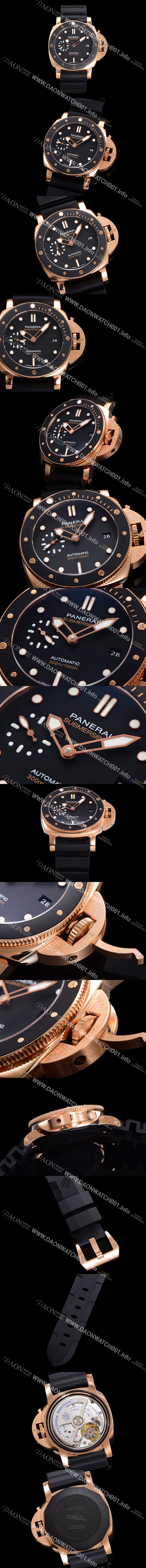 미러급 파네라이 남성용 서브머시블 골드테크™ PAM02164 오토매틱 Cal P. 900 타입 42mm 18K 로즈골드 우레탄 블랙 다이얼 pan5209 Ⅳ