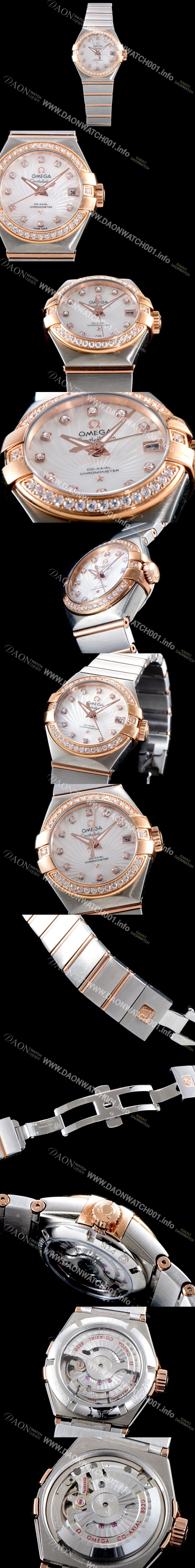 미러급 오메가 남성용 여성 컬렉션 컨스틀레이션 123.25.27.20.55.001 오메가 코-액시얼 27MM 다이아몬드 세팅 베젤 화이트 자개 다이얼 18K 로즈골드 콤비 쿼츠 무브먼트 OMG4114 Ⅳ