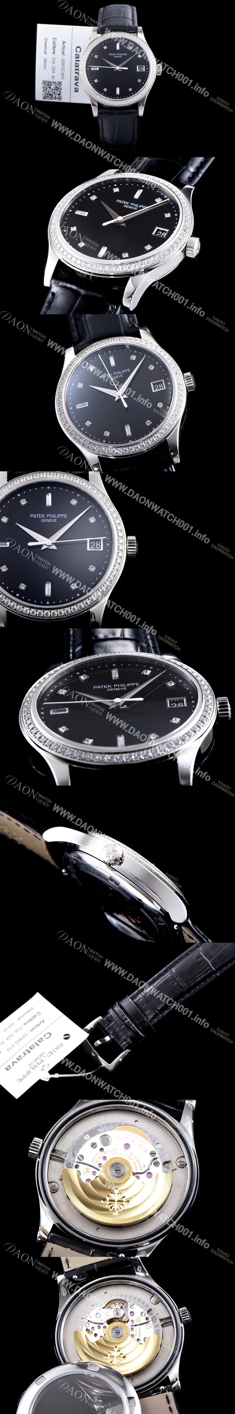 미러급 파텍필립 남성용 칼라트라바 5297G-001 18k 화이트골드 다이아몬드 베젤 블랙 다이얼 오토매틱 무브먼트 PAT0100 Ⅳ