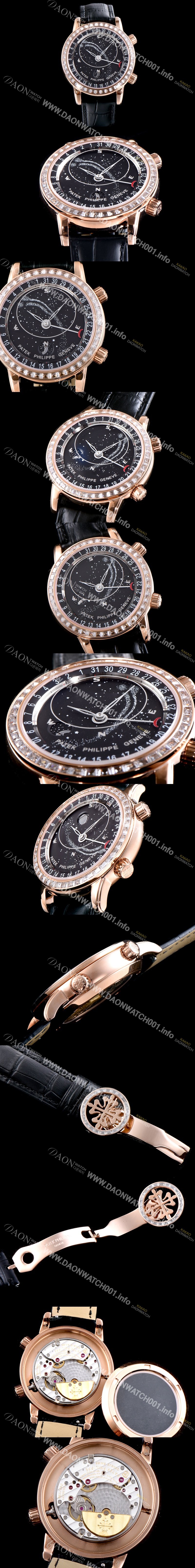 미러급 파텍필립 남성용 그렌드 컴플리케이션 6104R-001 셀리스티얼 18K 로즈골드 최상급 다이아몬드 세팅 베젤 블랙 다이얼 오토매틱 무브먼트 PAT0135 Ⅳ