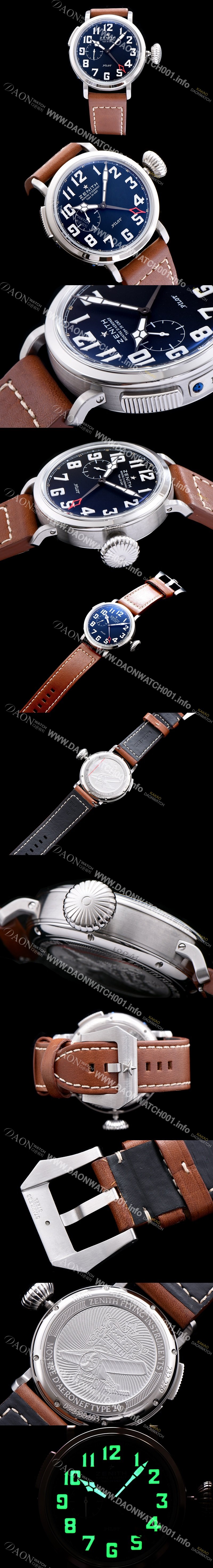 미러급 제니스 남성용 파일럿 타입 20 GMT 1903 블랙 다이얼 브라운 레더 스트랩 아시안 23석 오토매틱 ZEN4221 Ⅳ