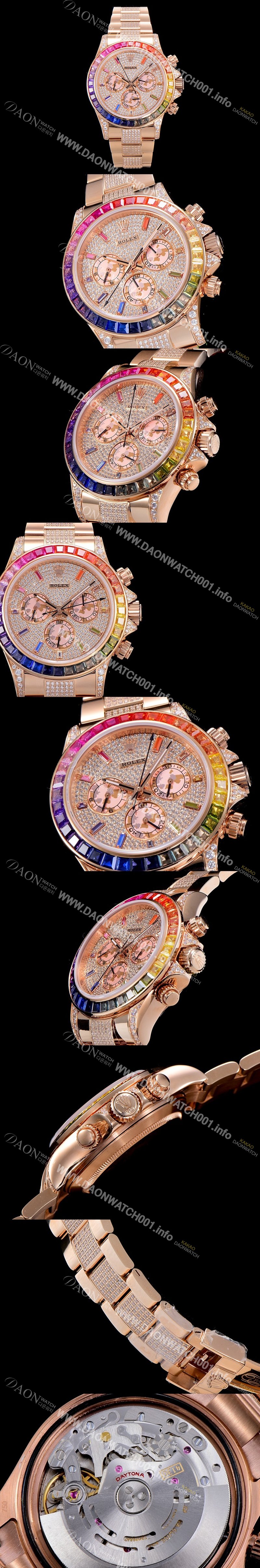 미러급 로렉스남성용 데이토나 오이스터 라인보우 와치 보석/큐빅 세팅 4130타입 무브튜닝 40mm 올금/통금 로즈골드 블랙 다이얼 ROL87026 Ⅳ