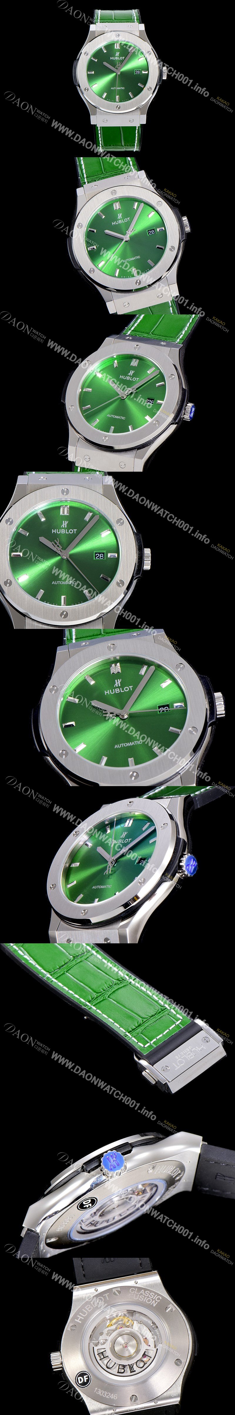 미러급 휴블렛 남성용 클래식 퓨전 45미리 오토매틱 9015 타입 가죽/러버 믹스 그린다이얼 HUB73559 Ⅳ