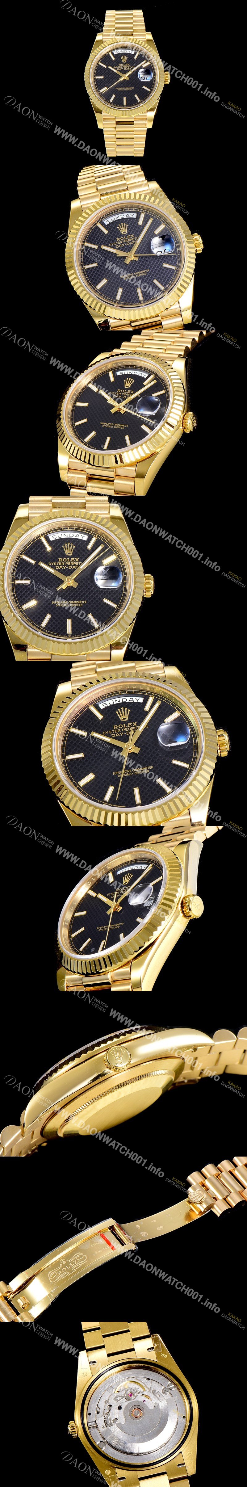 미러급 로렉스 남성용 데이데이트 오토매틱 옐루골드 올금 금장시계 이티애이 2836-2 40미리 블랙다이얼 3열 브레이슬릿 ROL79477 Ⅳ