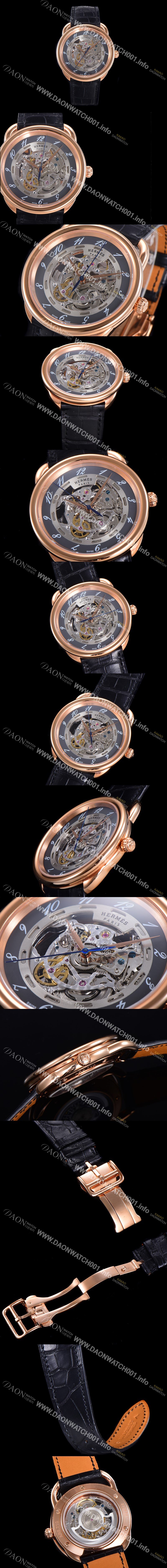 애르메스 아쏘 오토매틱 41mm 남성용시계 18K 로즈골드 가죽줄 스켈래톤 다이얼 her001882735