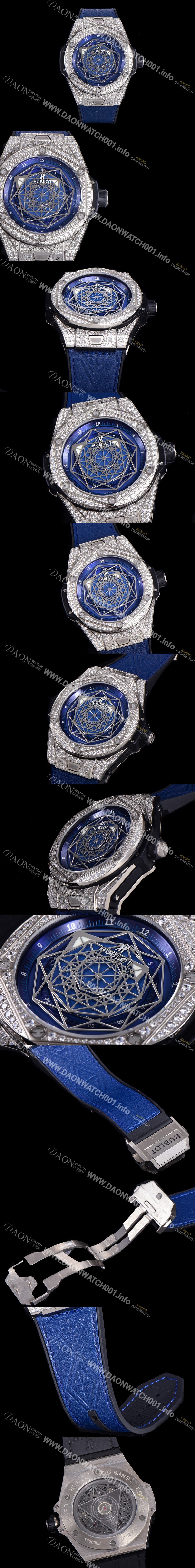 휴블렛 빅뱅 쌍 블루 티타늄 오토매틱 HUB1213타입 45미리 남성용시계 다이아몬드/보석 케이스 가죽/우레탄 믹스밴드 블루다이얼 hub036698356