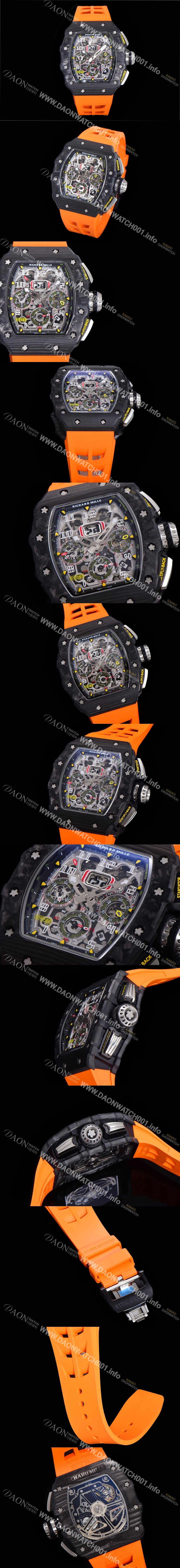 미러급 리차드밀레 남성용 플라이백 RM11-03 오버사이즈 데이트 크로노그래프레드 포지드 카본 케이스 스켈레톤 다이얼 오토매틱 무브먼트 RIC08695 Ⅳ