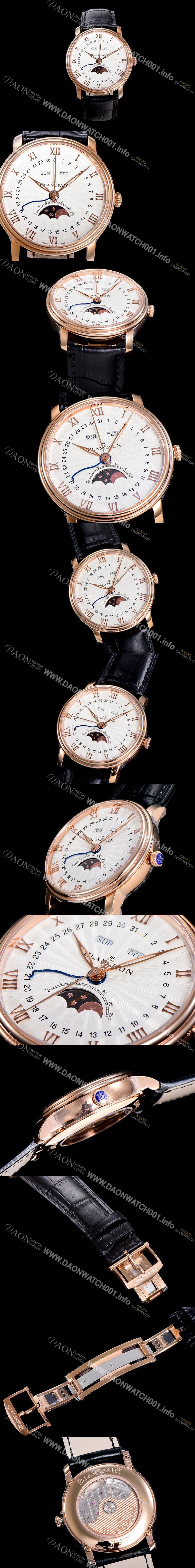 미러급 블랑팡 남성용 빌레레 퀀탬 컴플레트 문페이즈 Cal.6654 오토매틱 40미리 블랙가죽줄 18K 로즈골드 화이트다이얼 BLA14136 Ⅳ