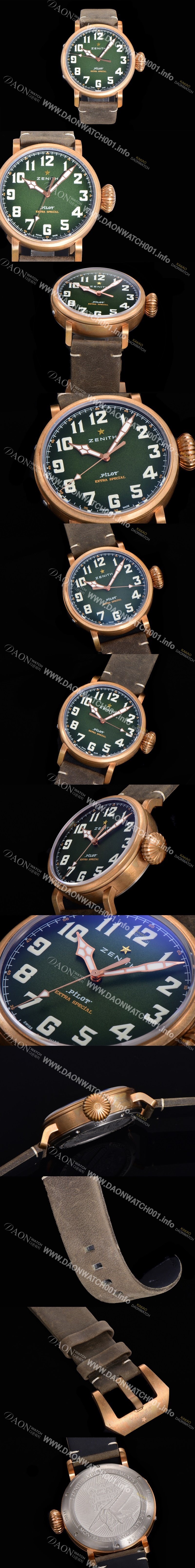 미러급 제니스 남성용 파일럿 29.2430.679/63.I001 타입 20 애드벤쳐 브론져제질 오토매틱 9015무브 45미리 가죽시계 그린다이얼 ZEN72812 Ⅳ