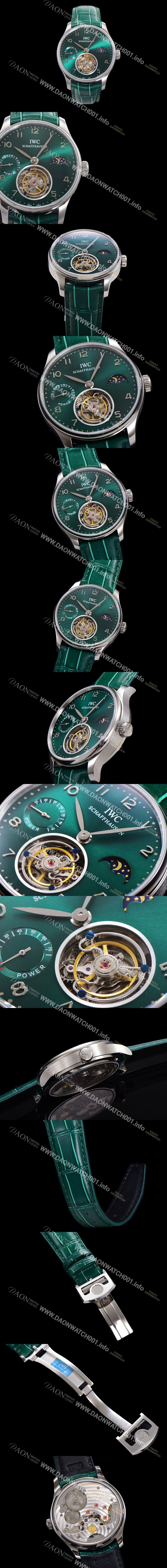 미러급 아이더블유씨 남성용 신제품 UP!! 포르투기즈 컴플리케이션 하이  "투어빌론 문페이즈 파워 리저브"아시안 투어빌론 탑재  42mm 가죽줄 그린 다이얼   iwc9359 Ⅳ