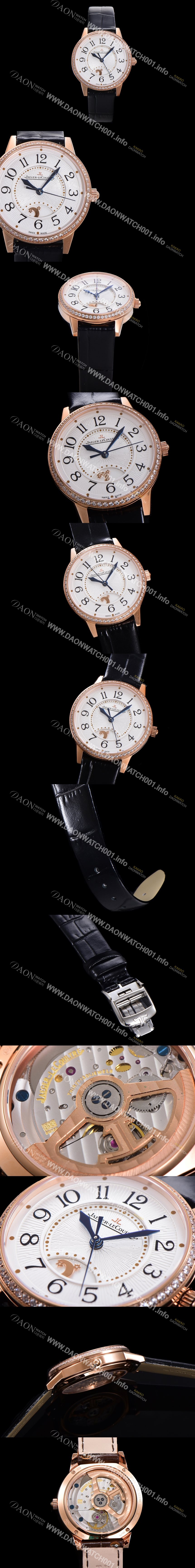 미러급 예거 르꿀르뜨 여성용 랑데뷰 나잇&데이 문페이즈 오토매틱 898A 타입 무브 34mm 금장시계 보석 배젤 가죽줄 화이트다이얼 jag1151 Ⅳ