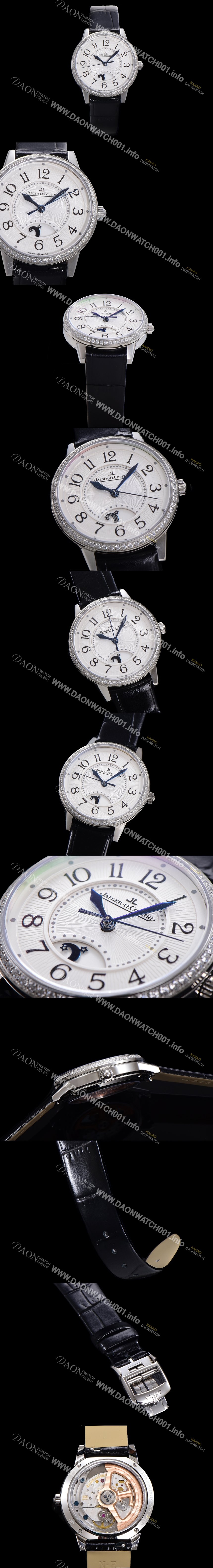 미러급 예거 르꿀르뜨 여성용 랑데뷰 나잇&데이 문페이즈 오토매틱 898A 타입 무브 34mm 보석 배젤 가죽줄 화이트다이얼 jag9915 Ⅳ