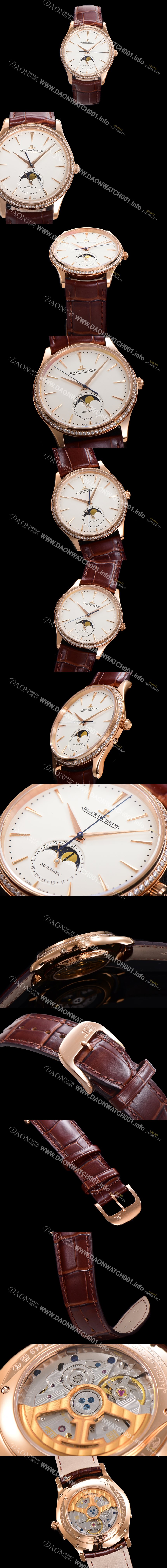 미러급 예거 르꿀르뜨 남성용 마스터 울트라 씬 문페이즈 오토매틱 925타입 18K로즈골드/다이아몬드 베젤 39mm 가죽줄 화이트다이얼 jag1519 Ⅳ