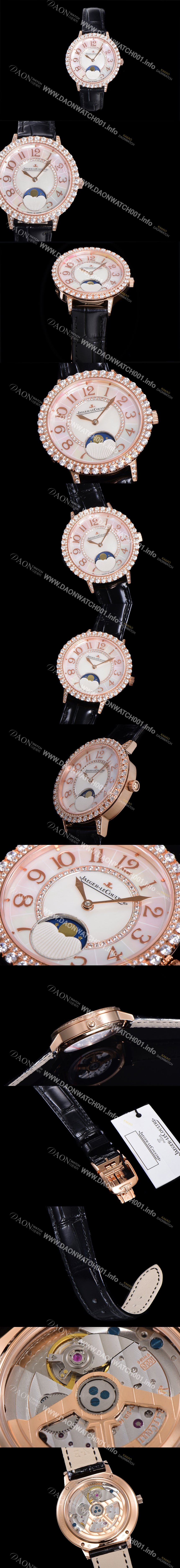 미러급 예거르꿀뜨르 여성용 랑데뷰 문미듐 오토매틱 Cal.935타입 34mm 18K 로즈골드 보석/다이아 베젤 가죽줄 화이트다이얼 jag9912 Ⅳ