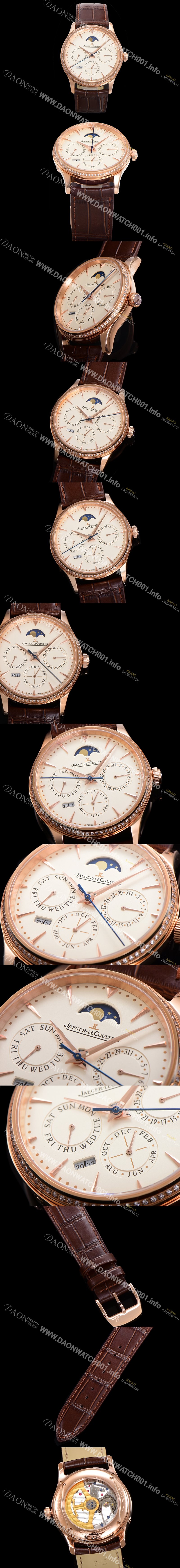 미러급 예거르꿀뜨르 남성용 마스터 울트라 퍼페추얼 캘린더 18K 로즈골드 오토매틱 MC868 타입 39mm 가죽줄 다이아몬드베젤 문페이즈 아이보리다이얼 jag20778 Ⅳ