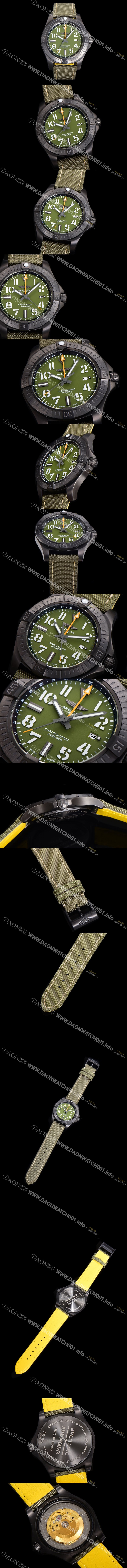 미러급 브라이틀링 남성용 어벤져 나이트 미션 밀리터리 한정판 오토매틱 ETA2836-2 타입 GMT 45mm  DLC코팅 무광 올블랙 나토천/가죽 믹스 카키다이얼 bre82074 Ⅳ