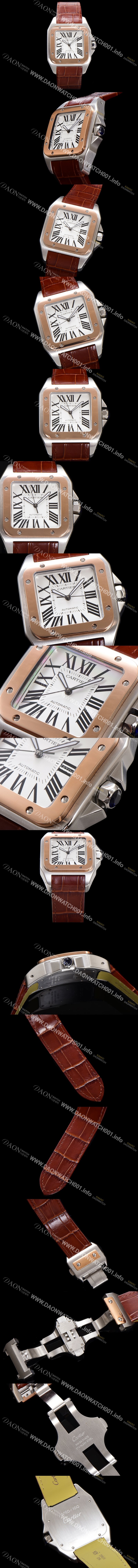 미러급 까르띠에 산토스 100 XL W20072X7 오토매틱 ETA2824-2 타입 18k 로즈골드 남성용 51mm 가죽줄 화이트 다이얼 car69314 Ⅳ