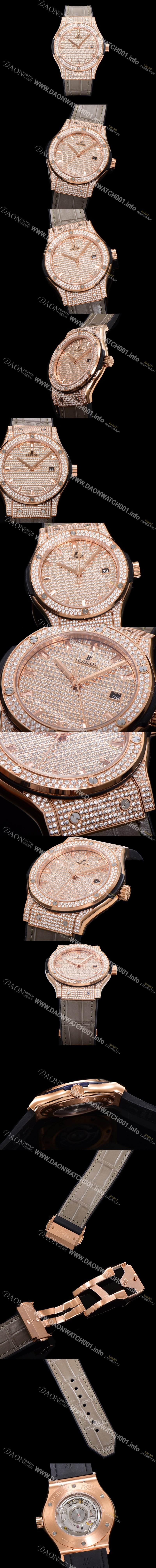 미러급 휴블렛 남성용 클래식 퓨전 565.OX.9010.LR.1704 다이아몬드 셋팅 큐빅/보석 다이얼 18K로즈골드 42미리 오토매틱 2892 타입 가죽/우레탄 믹스밴드 hub2128 Ⅳ