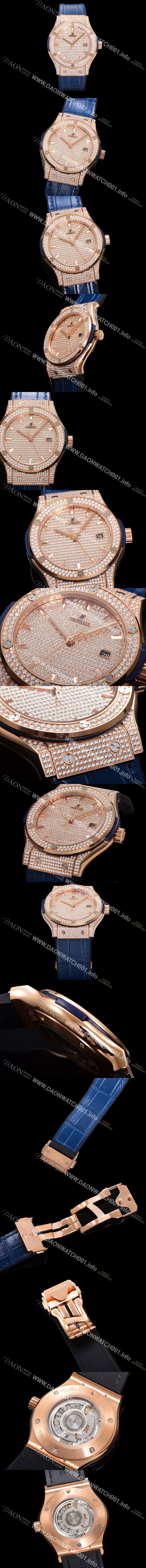 미러급 휴블렛 남성용 클래식 퓨전 565.OX.9010.LR.1704 다이아몬드 셋팅 큐빅/보석 다이얼 18K로즈골드 42미리 오토매틱 2892 타입 가죽/우레탄 믹스밴드 hub2129 Ⅳ