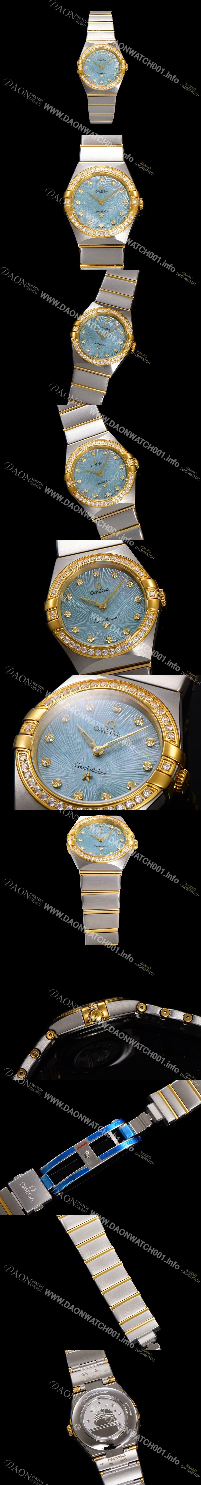 미러급 오메가 여성용 컨스틀레이션 131.25.28.60.60.001 옐로우골드 다이아몬드 세팅 베젤 28mm 쿼츠 무브먼트 그린 다이얼 omg0149 Ⅳ