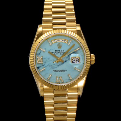 미러급 로렉스 남성용 New 데이데이트 m128238-0071 무게173g 18K 옐로우골드 프레지던트 36mm 오토매틱 Cal.2836-2 타입 다이아몬드 터키석 다이얼 rol5409 Ⅳ