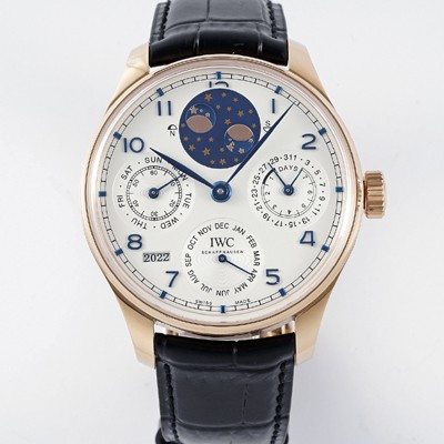 미러급 아이더블유씨 남성용 포루투기즈 IW503405 퍼페추얼 캘린더 더블 문 플래티넘 44mm 18k 로즈골드 오토매틱 무브먼트 화이트 다이얼 iwc4110 Ⅳ