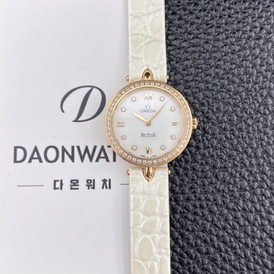 미러급 오메가 여성용 드빌 424.58.27.60.55.002 프레스티지 듀드롭 27.4mm 18K 로즈골드 다이아몬드 쿼츠 무브먼트 화이트 자개 다이얼 omg0236 Ⅳ