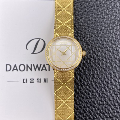 미러급 디올 여성용 라디드 사틴 25mm 다이아몬드 18K 옐루골드 쿼츠 무브먼트 화이트 자게 다이얼 dio1001 Ⅳ